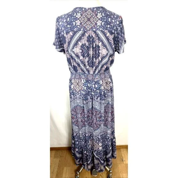 Knox Rose Midi Dress Size Large Rayon Short Sleeve Navy Blue/White Floral Boho - Picture 5 of 7